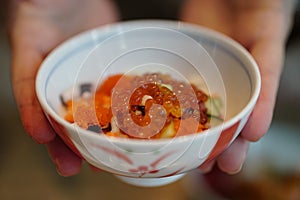 Small bowl of mixed sashimi rice