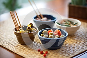 small bowls with assorted olives beside breadsticks