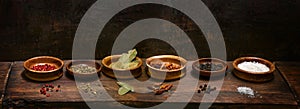 Small bowls with dried spices on a dark rustic wooden plank, cooking and food concept, panoramic format, copy space, selected