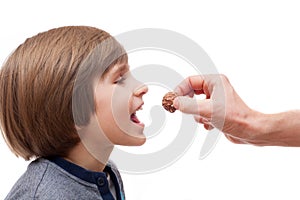 A small boy bites chocolate ball from man hand