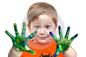 Small boy with colorful hands