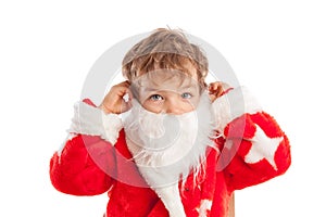 Small boy dressed as Santa Claus, isolation