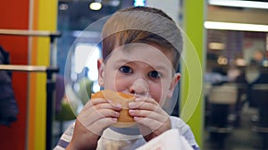 Small boy eats with appetite in childrens restaurant, child eating food for dinner, French fries and burger for lunch