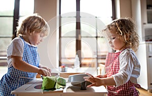 Small boy and girl with apron playing indoors with toy kitchen at home.