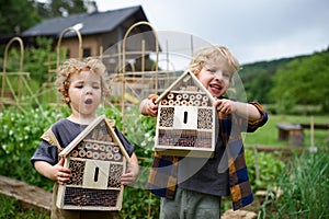 Small boy and girl holding bug and insect hotel in garden, sustainable lifestyle.