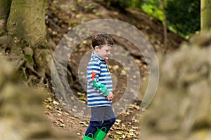 A small boy has an adventure through a forest