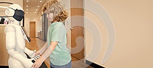 small boy interact with robot as innovative technology, communication. Horizontal poster design. Web banner header, copy