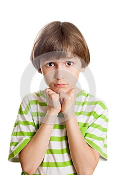 A small boy is offending on white background photo