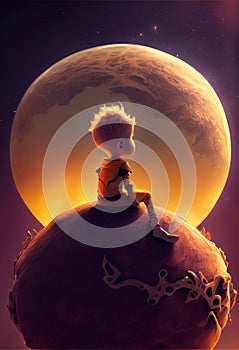 Small boy on a planet, little prince illustration