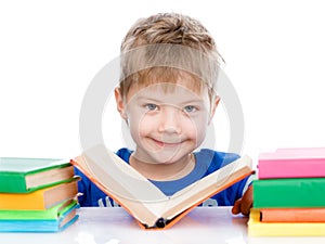 Small boy reading books. isolated on white background