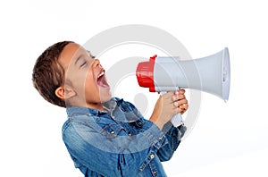 Small boy shouting through a megaphone