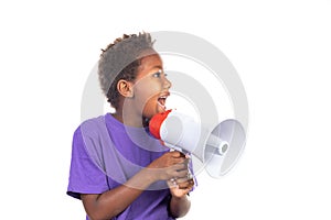 Small boy shouting through a megaphone