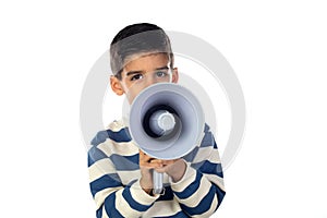 Small boy shouting through a megaphone
