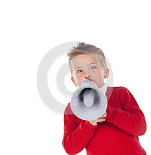 Small boy shouting through a megaphone