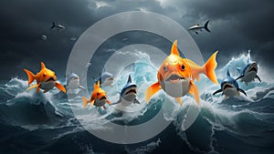 Small Brave Goldfish With Shark Fin Costume Leading Others Through Stormy Seas - Leadership Concept