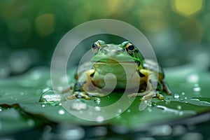 A small bright green frog sits on a water lily leaf in a forest pond