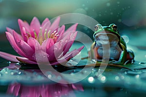 A small bright green frog sits on a water lily leaf in a forest pond