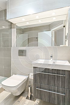 Small bright modern bathroom with large mirror