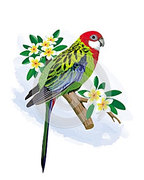 A small bright parrot among flowers