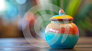 A small brightly colored ceramic container with a fitted lid perfect for storing loose change or small items on a desk