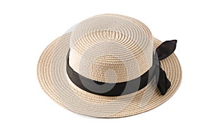 Small-brimmed straw boater hat with black band. Canotier - Summer French straw hat of rigid shape with a cylindrical