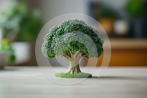 Small broccoli tree is sitting on a table