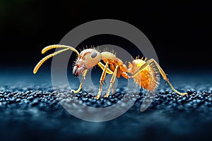 Small brown ant is standing on a black surface