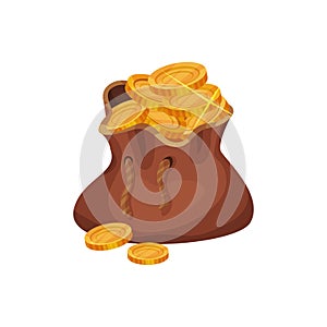 Small brown bag full of golden coins. Concept of finance. Pirate treasures. Symbol of wealth. Cartoon vector icon in