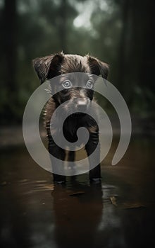 a small brown and black dog standing in a puddle of water with trees in the backgrouds of the picture behind it and a black