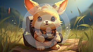 A small brown bunny with a backpack sitting on the ground, AI