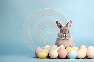 Small brown bunny with pastel colored easter eggs on side of blue background with copy space