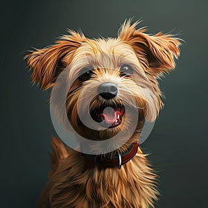 The small brown Canidae dog with a brown collar is smiling and facing the camera