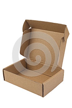 A small brown cardboard box is standing open. Delivery, packaging concept