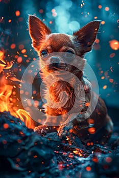 Small Brown Chihuahua Dog Sitting by Glowing Campfire at Night with Sparkling Embers