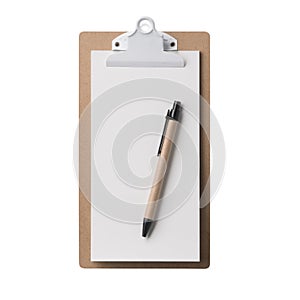 Small brown clipboard with pen. Single clipboard, writing board with papers. Realistic, photography, isolated on white