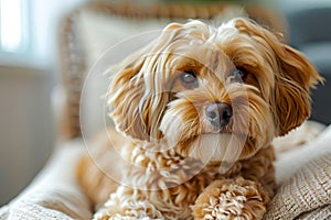 A small brown dog sitting on a chair