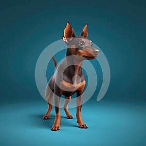 Small brown dog standing on blue background. The dog has big ears and appears to be looking at something in front of it