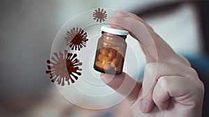 Small brown glass bottle with antibiotic pills in a female hand. The cure for the coronavirus influenza disease. 3d rendering