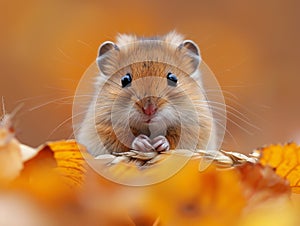A small brown hamster sitting in the leaves