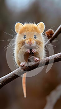 A small brown mouse sitting on a tree branch
