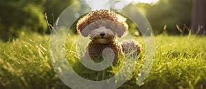 A small brown Poodle, a Water dog breed, is resting on the grass