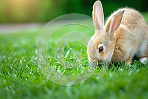 a small brown rabbit is eating grass in the grass