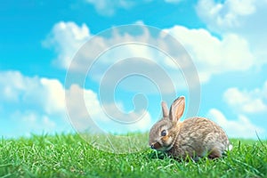 a small brown rabbit is sitting in the grass on a sunny day