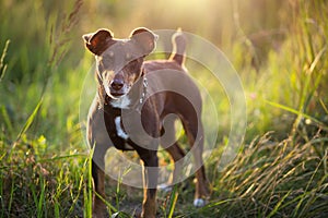 A small brown terrier dog walks with a collar in the grass and in the summer sunlight. Dog in nature, Jack Russell terrier