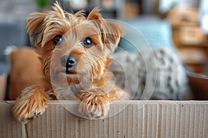 A small brown Toy dog is resting in a cardboard box