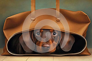 small brown weenie dachshund dog peeking out of bag