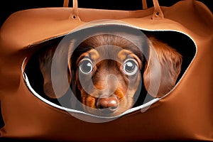 small brown weenie dachshund dog peeking out of bag