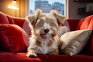 Small brown and white dog sits on red couch cushion next to tan pillow. Generative AI