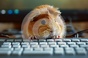 Small brown and white hamster looking at computer keyboard. Generative AI