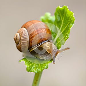 A small brown and white snail is on a leaf